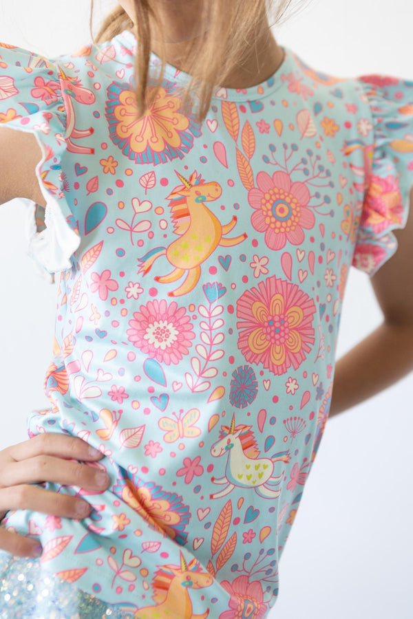blue-retro-unicorns-s-s-ruffle-tee Mila &  Rose - Sophia's Style-Blue Retro Unicorns S/S Ruffle Tee-6-12M--1
